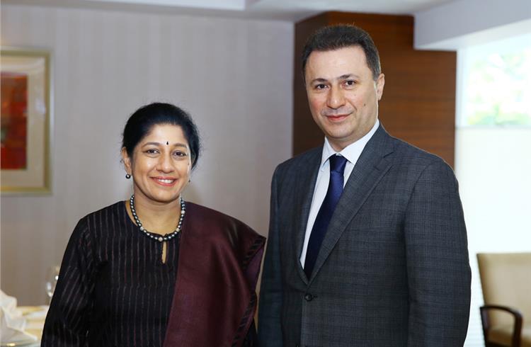 tafe chairman Mallika Srinivasan with the prime minister of Macedonia, Nikola Gruevski.