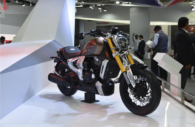 The TVS Zeppelin is a power-cruiser motorcycle concept which boasts of e-boost technology.