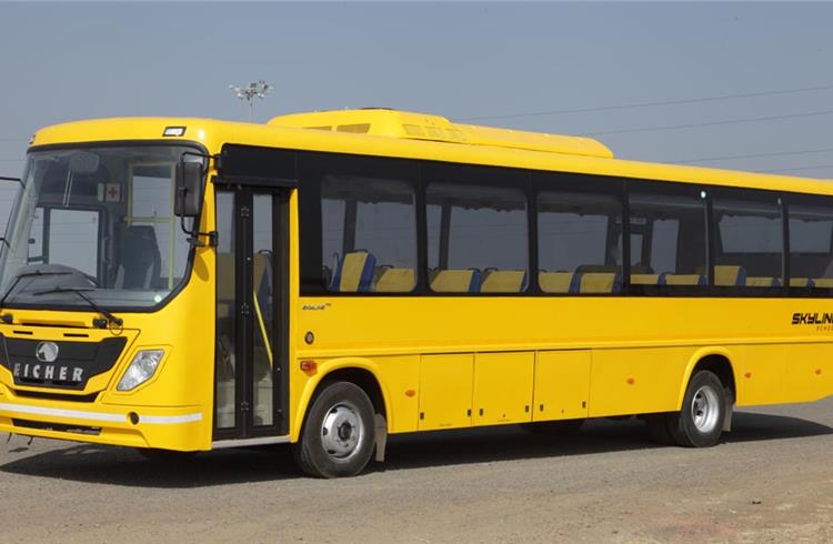 The Eicher Skyline Pro schoolbus is fitted with a hybrid system that combines a conventional internal combustion engine with an electric propulsion system.