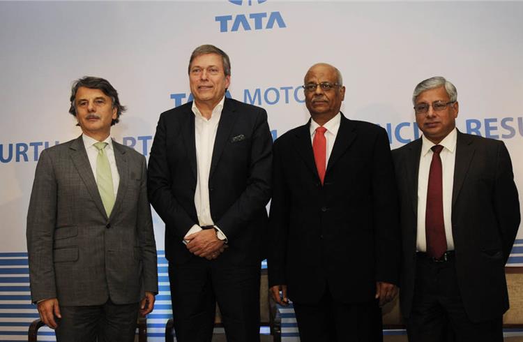 L-R: Ralph Speth, CEO Jaguar Land Rover; Guenter Butschek, MD, Tata Motors; C Ramakrishnan, CFO, Tata Motors; and Ravi Pisharody, executive director, CVs, Tata Motors.
