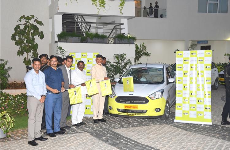 The first batch of co-branded Ola and Andhra Pradesh Tourism cars was flagged off by Chief Minister N Chandrababu Naidu; secretary – Tourism, Mukesh Kumar Meena; CEO of APTA and MD of APTDC, Himanshu 