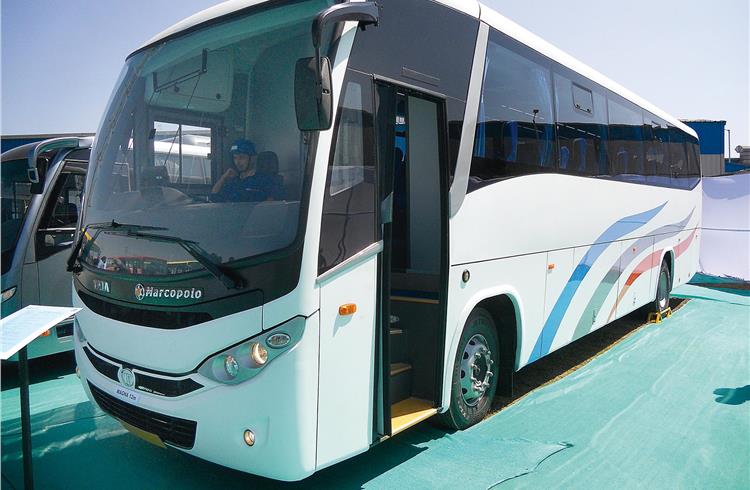 Tata Marcopolo’s upcoming Magna is a front-engined, twin-axle luxury 44-seater AC coach.