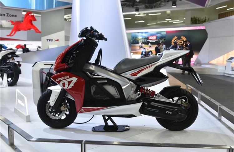 The TVS Creon electric scootere has a 3kW battery pack and a 8kW motor. Top speed:115kph.
