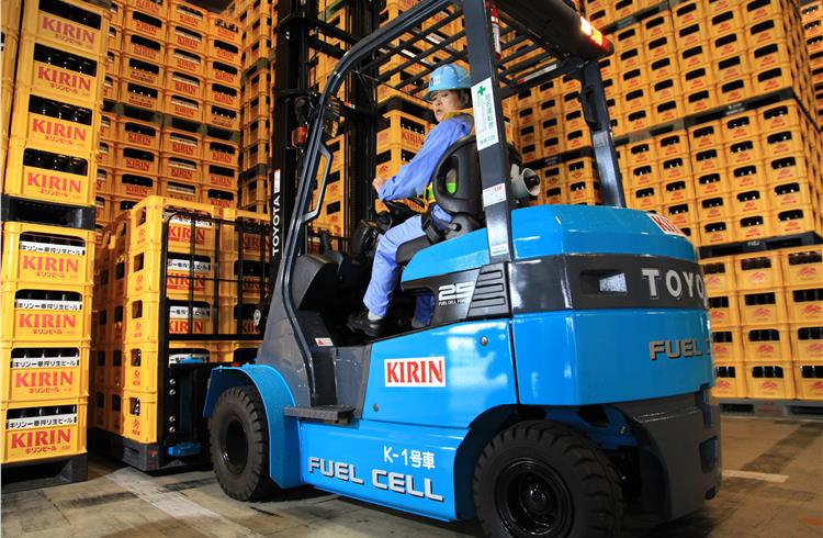 A fuel cell-powered forklift.