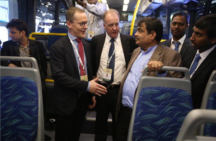 Nitin Gadkari, Union Minister for Road, Transport & Highways, with Scania Group's Klas Dahlberg and Scania India's Mikael Benje.