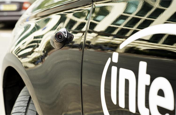 Discretely mounted, the 12 cameras offer a 360-degree configuration for long-range surround view and parking in the Intel Mobileye autonomous car. (Credit: Intel Corporation)