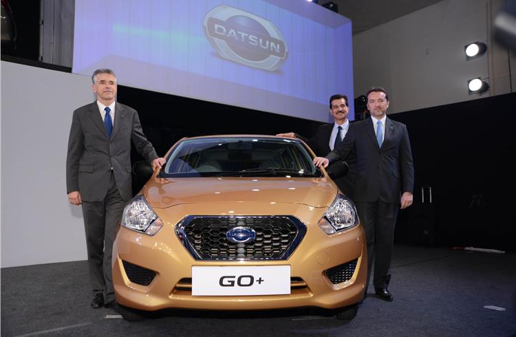 L-R: Vincent Cobee, head of Datsun; Guillaume Sicard, president - Nissan India operations; and Arun Malhotra, MD, Nissan Motor India, at the Go+ launch in Mumbai.