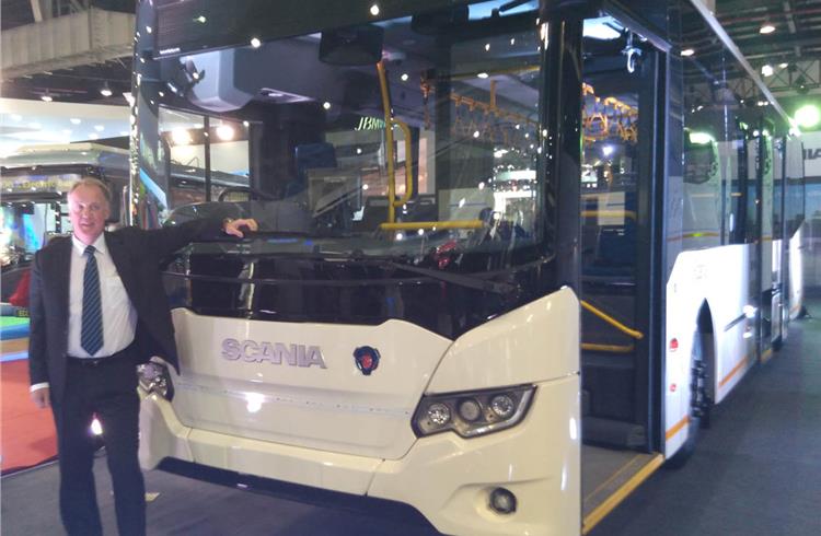 Mikael Benje, MD, Scania Commercial Vehicles India, with the premium Metrolink bus at the Auto Expo.