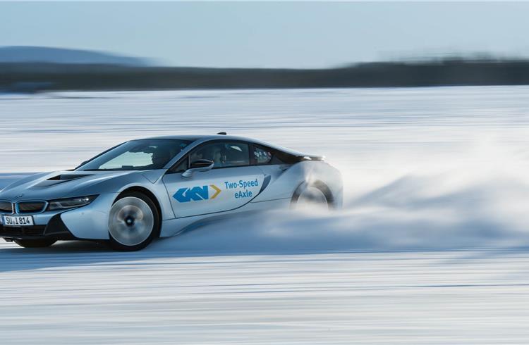 A BMW i8 equipped with GKN’s two-speed eAxle being tested at GKN Driveline’s Wintertest proving ground in Arjeplog, Sweden.