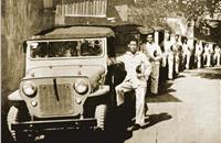 1954 - Mahindra Jeeps roll out of the Mazagaon factory in Bombay, ready for delivery.