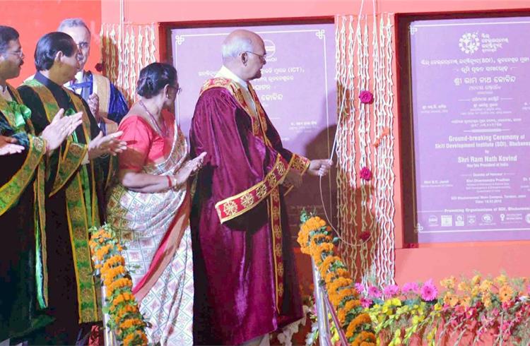 President of India Ram Nath Kovind laying the foundation stone of the Skill Development Institute of Oil PSUs along with Dr S C Jamir, governor of Orissa, and Dharmendra Pradhan, Union petroleum minis