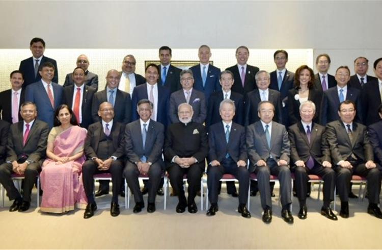 India's prime minister, Narendra Modi and the prime minister of Japan, Shinzo Abe along with members of India-Japan Business Leaders’ Forum, in Tokyo, Japan on November 11, 2016. (Photo: PIB)