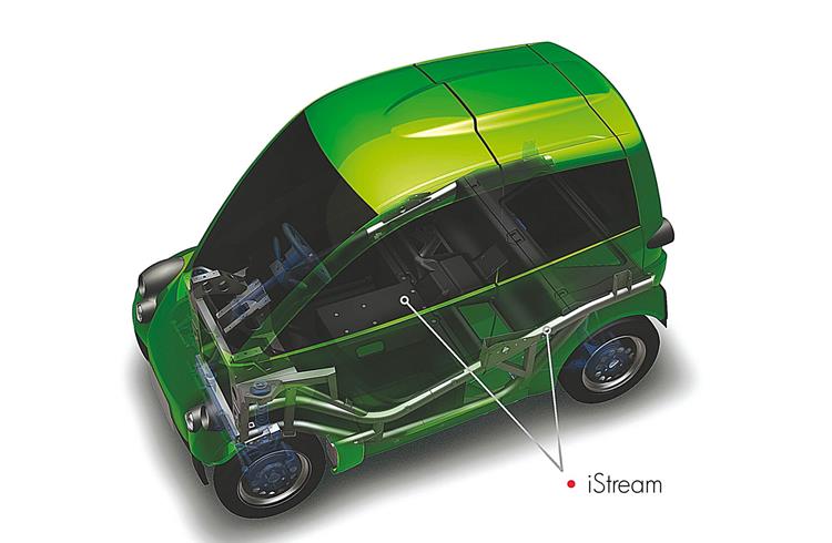 iStream, a separate body and chassis structure concept, uses simple steel tubular sections and low cost composite panels for the primary vehicle structure, configured to satisfy the main load paths an