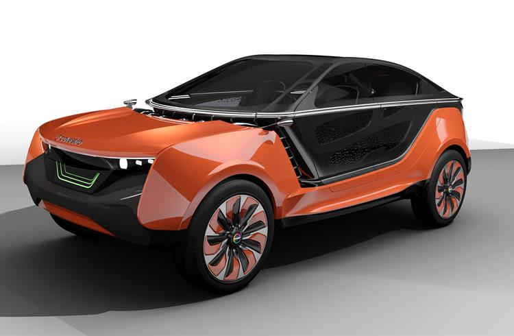 The concept takes the shape of a contemporary electric car incorporating current trends in exterior design, including a polycarbonate wraparound glazing and an innovative solution based on holographic