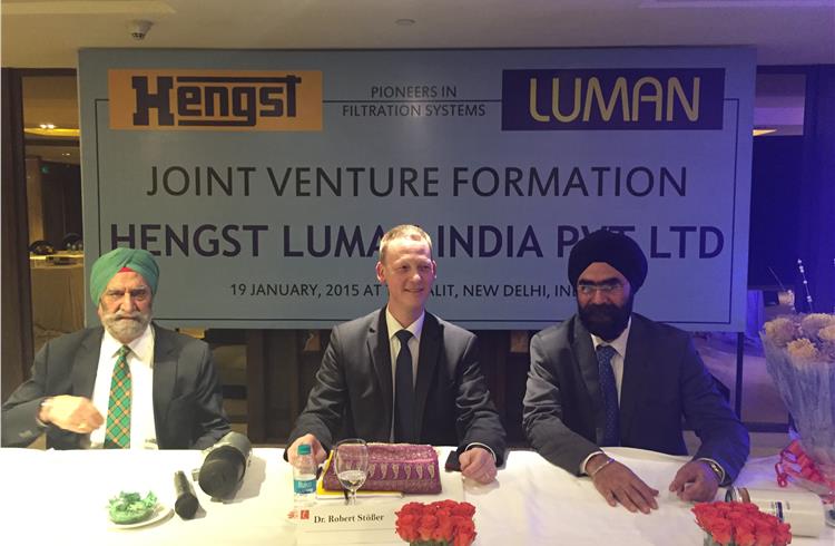 L-R: A S Sethi, MD, Luman Industries; Dr Robert Stoesser, CEO, Hengst SE & Co. KG, and J S Sethi, director, Luman Industries, announce the new joint venture.