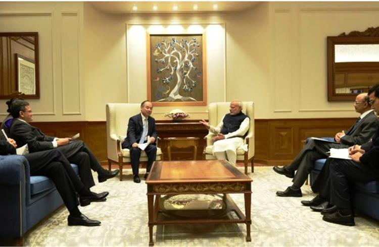 Masayoshi Son, chairman and CEO of the SoftBank Group, Japan, met Prime Minister Narendra Modi in New Delhi on December 2, 2016. Photo courtesy: PIB