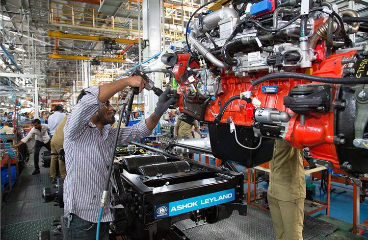 Engine along with transmission transferred to the conveyor for mounting on the chassis. Ashok Leyland the sole OEM to make engine and transmission in-house.