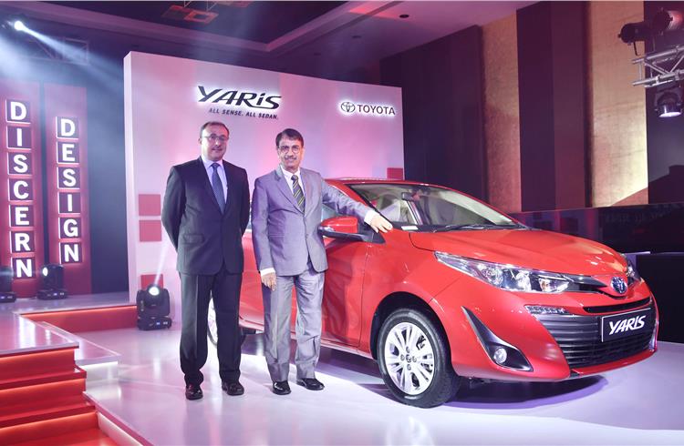 L-R: RK Ramesh, general manager (Customer Relations Division), and Shekar Viswanathan, vice-chairman and whole-time director, Toyota Kirloskar Motor, at the launch of Yaris in Mumbai. 