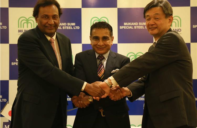 L-R: Niraj Bajaj, chairman and MD, Mukand; Rajesh V Shah, chairman MSSL, co-chairman and managing director, Mukand; Makoto Horie, senior managing executive officer and general manager, Metal Product B