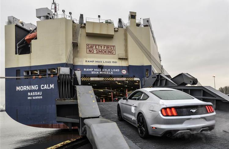 A right-hand-drive export model Mustang drives into the ro-ro carrier headed for China.
