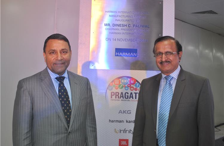 Dinesh C Paliwal, chairman, president and CEO, Harman Int'l, and Lakshmi Narayan, managing director and country manager, Harman International (India), at the plant launch.