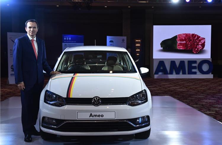 Michael Mayer, director, Volkswagen Passenger Cars India, with the made-for-India Ameo compact sedan.