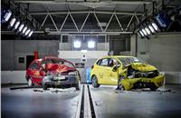 The 1997 Rover 100 & a current Honda Jazz post-crash test. The Rover ‘safety cell’ is severely compromised, the driver compartment of the Jazz remains intact