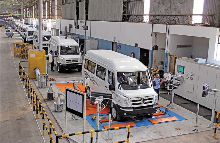 File photo of the Force Traveller production line at the Pithampur plant.