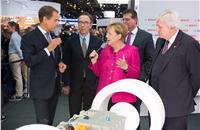 Bosch-CEO Dr. Volkmar Denner welcomes chancellor Angela Merkel at the Bosch booth at IAA 2017.
