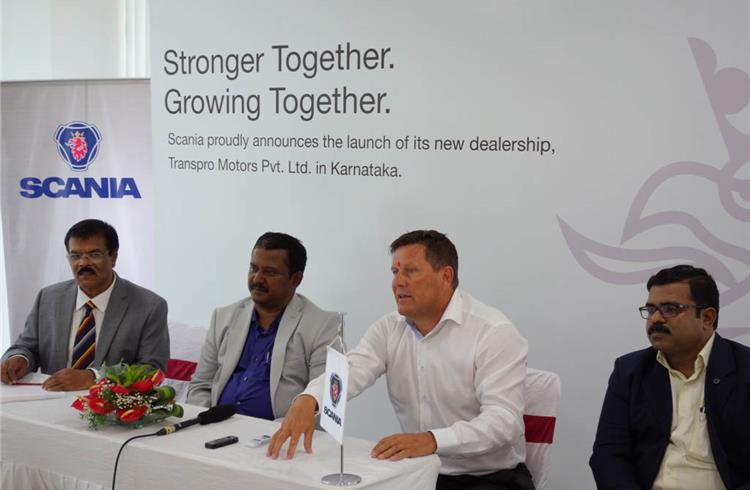 L-R: Hemaraju, MD, Transpro Motors; M K Lakshminarayan, chairman, Transpro Motors; Anders Grundströmer, MD, Scania India and Sivakumar, director – sales, Scania CV India.
