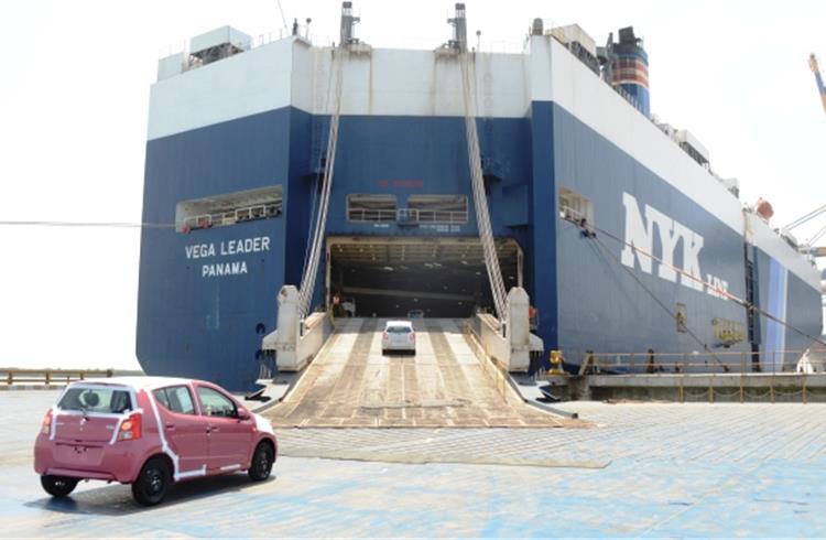 File photo of Maruti Suzuki cars entering a ro-ro carrier headed for overseas markets from the Mundra Port in Gujarat.