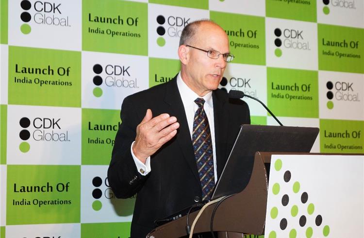 Steven J Anenen, CEO, CDK Global Inc, announcing the launch of company's India operations in Hyderabad today.