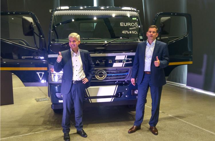 L-R: Erich Nesselhauf, MD and CEO, DICV, and Marc Llistosella, head of Daimler Trucks Asia, at the reveal of the Euro 5-compliant medium-duty truck in Chennai today.