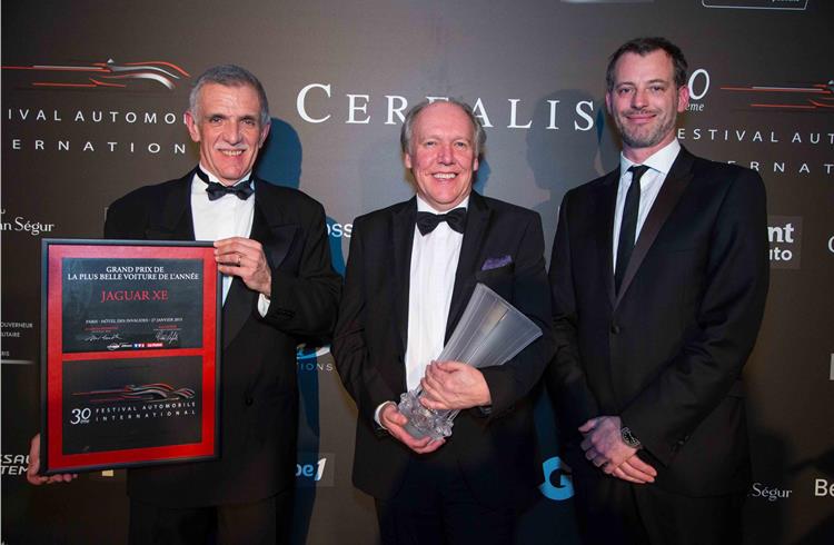 Collecting the award from left to right are as follows: Marc Luini, managing director, Jaguar Land Rover France; Ian Callum, director of design, Jaguar, and Richard Agnew, global PR director, Jaguar.