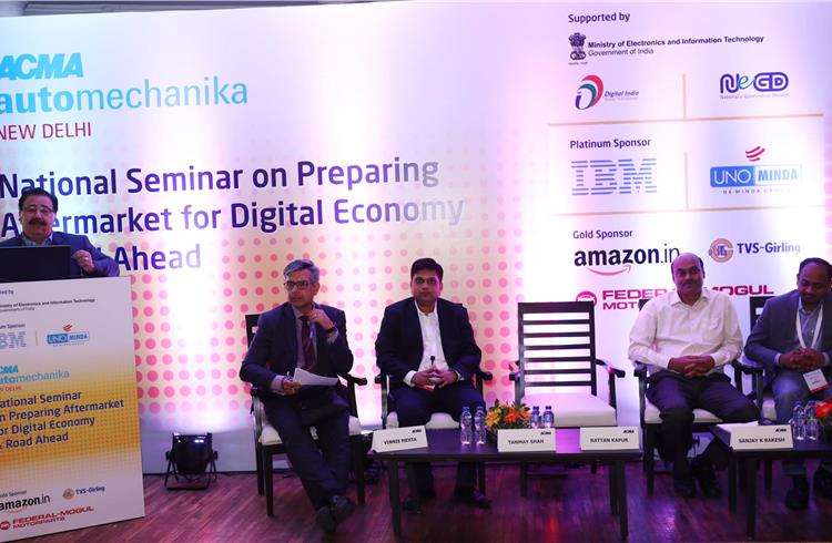 ACMA president Rattan Kapur at the dias. Seated (L-R): Vinnie Mehta, director general, ACMA; Tanmay Shah, category leader – Automotive, Amazon; Sanjay K Rakesh, Jt Secretary – Digital  Payments, Minis