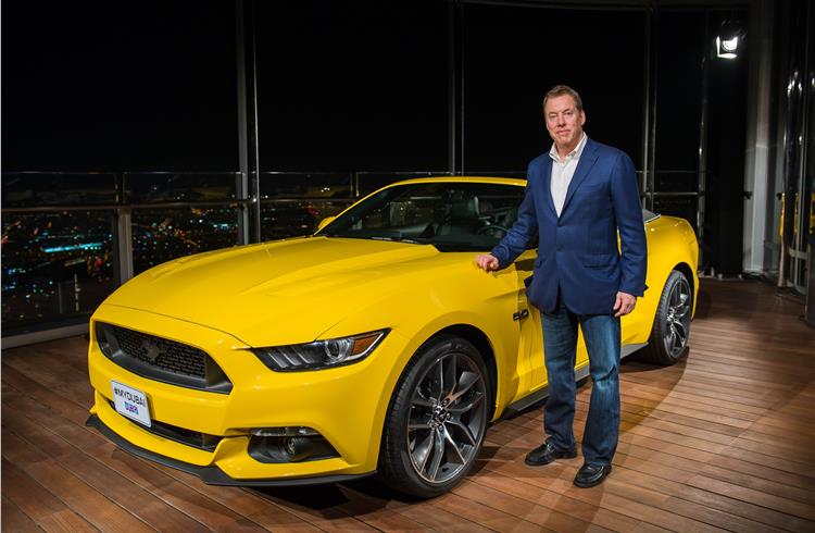 Bill Ford with the all-new Mustang on the 112th floor of the Burj Khalifa.