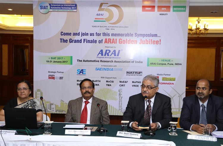 L-R: Rashmi Urdhwareshe, director of ARAI; Girirsh Shankar, secretary, Department of Heavy Industries; Rajan Wadhera, president, ARAI; and PK Banerjee, at the SIAT 2017 curtain raiser in New Delhi tod