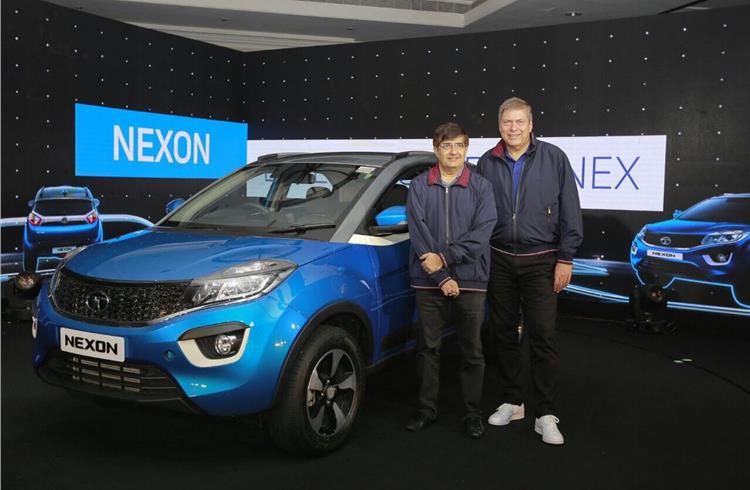 Guenter Butschek, MD and CEO, Tata Motors, and Mayank Pareek, president, PV Business Unit, at the Nexon launch in Mumbai today.