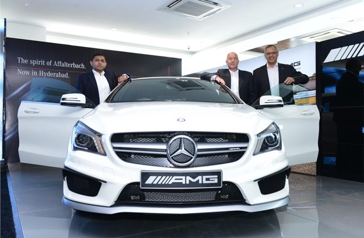 L-R:  Yashwant Jhabakh, Group chairman, Mahavir Motors; Guido Brormann, market management, Mercedes-AMG; and Eberhard Kern, MD and CEO, Mercedes-Benz India.