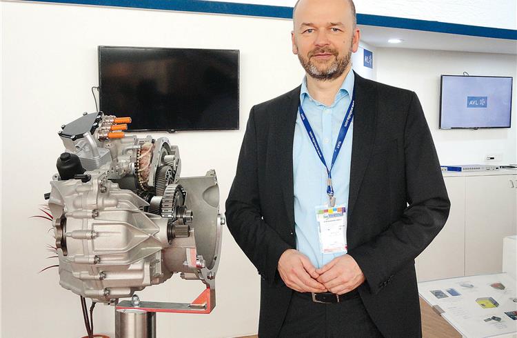 Dr Raimund Ellinger, manager for hybrid and system design, AVL, with the prototype of the hybrid transmission.