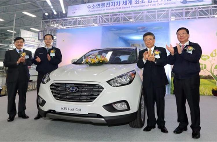 Hyundai is first automaker to begin assembly line production of zero-emissions fuel cell vehicles.