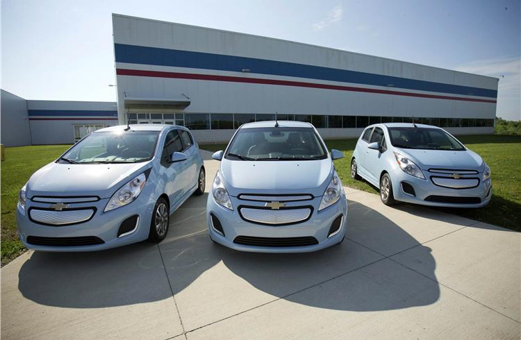 Chevrolet Spark EVs on display at the GM Baltimore Operations complex, where the Spark EV electric motors and drive units are manufactured.