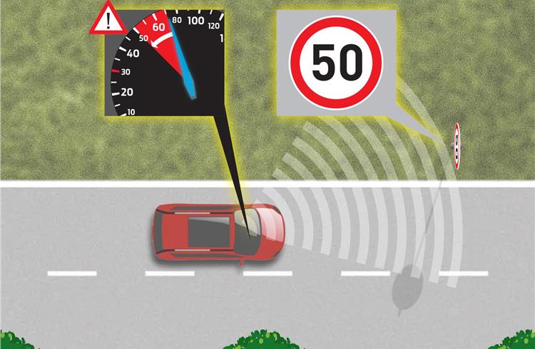 Intelligent Speed Limiter enables automatic adjustment of maximum vehicle speed; camera detects signs, system helps ensure limits are not exceeded.
