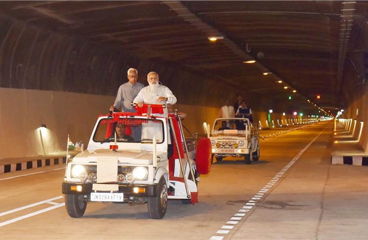 Prime minister Narendra Modi inside the 9.2km-long Chenani-Nashri Tunnel, in Jammu & Kashmir on April 2, 2017. The governor of Jammu & Kashmir, NN Vohra is also seen.