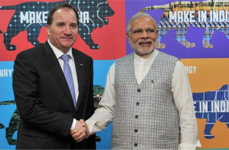 Prime minister Narendra Modi and the prime minister of Sweden, Stefan Lofven at the inauguration of the Make in India Centre, in Mumbai on February 13, 2016. Photograph: Press Information Bureau