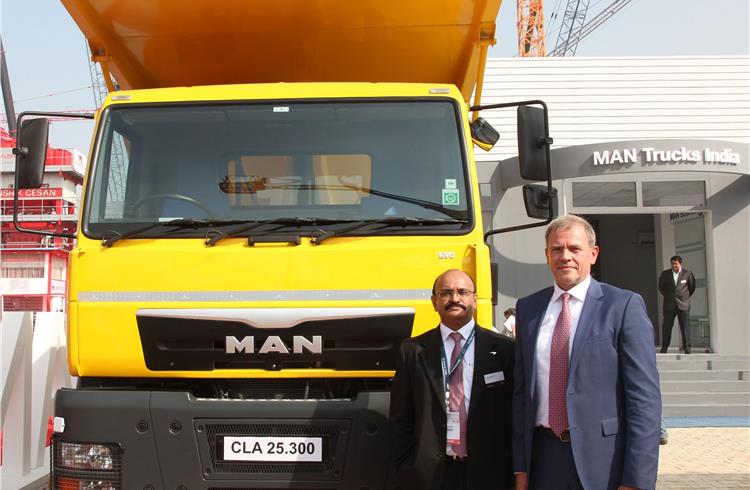R-L: Joerg Mommertz, CMD, MAN Trucks India, and Somasundaram S, VP (Sales and Marketing), MAN Trucks India, at the reveal of the made-in-India EVO CLA range.