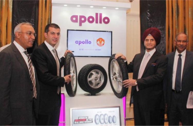 L-R: Apollo Tyres’ Satish Sharma, president, APAC, Middle East & Africa; Onkar S Kanwar, chairman; Neeraj Kanwar, vice-chairman & MD; PK Mohammad, Chief Advisor, R&D at the launch of the Acti Series.