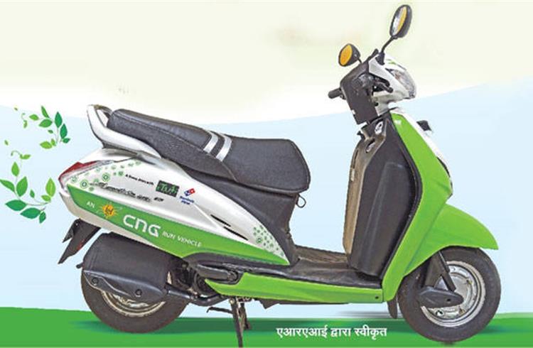 CNG fueled two-wheelers to run on safe and economical fuel, contributing to a pollution free environment.