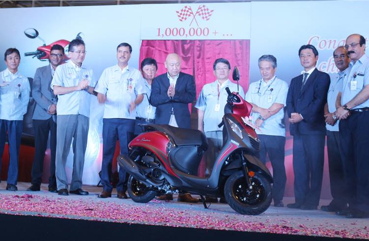 India Yamaha Motor management and other officials at the rollout of the millionth two-wheeler from the Chennai plant.