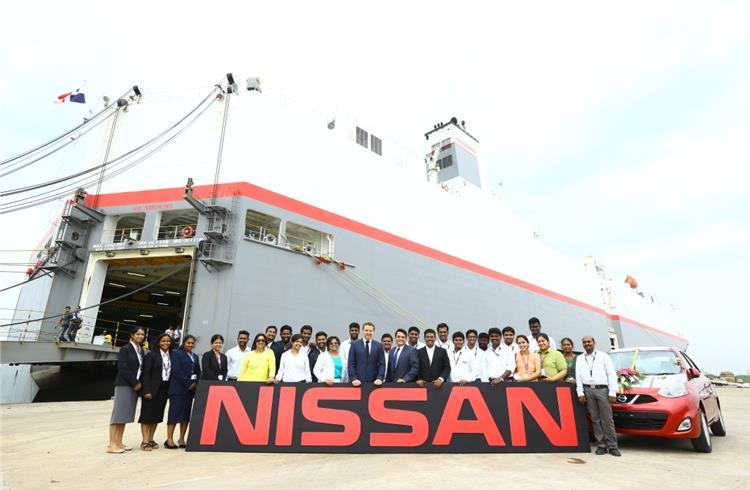 Guillaume Sicard, president, Nissan India Operations, with the Nissan team at the flag-off of the 500,000th ‘Made In India’ Micra at Ennore Port, Chennai.